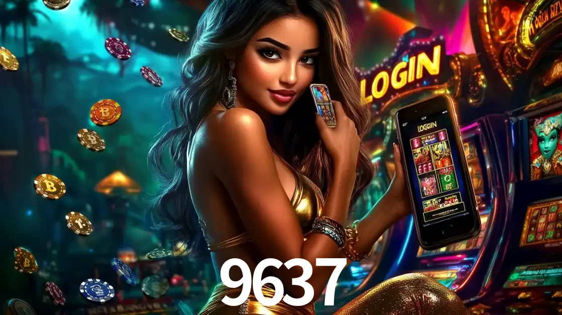 Mulher em um cenário de cassino temático de aventura, mostrando o app de caça-níqueis da 9637 no celular. Fichas de apostas flutuam ao redor.