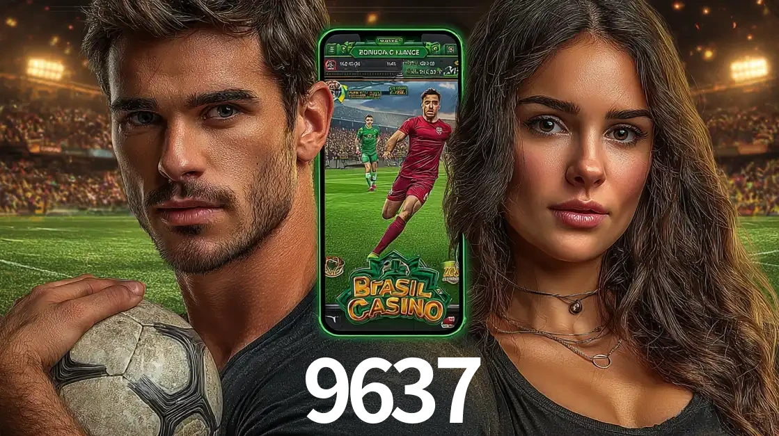 Homem segurando uma bola de futebol e uma mulher ao lado de um smartphone exibindo o jogo de apostas esportivas da 9637. Faça seu palpite no cassino online.
